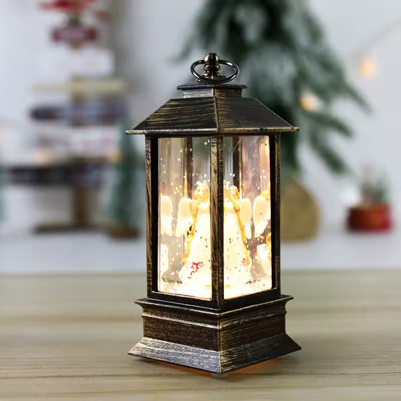 Decorative lantern with lights on a wooden surface