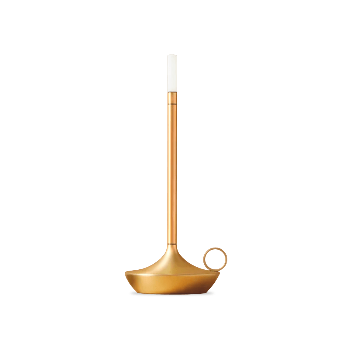 Gold candle holder with a white candle on a white background
