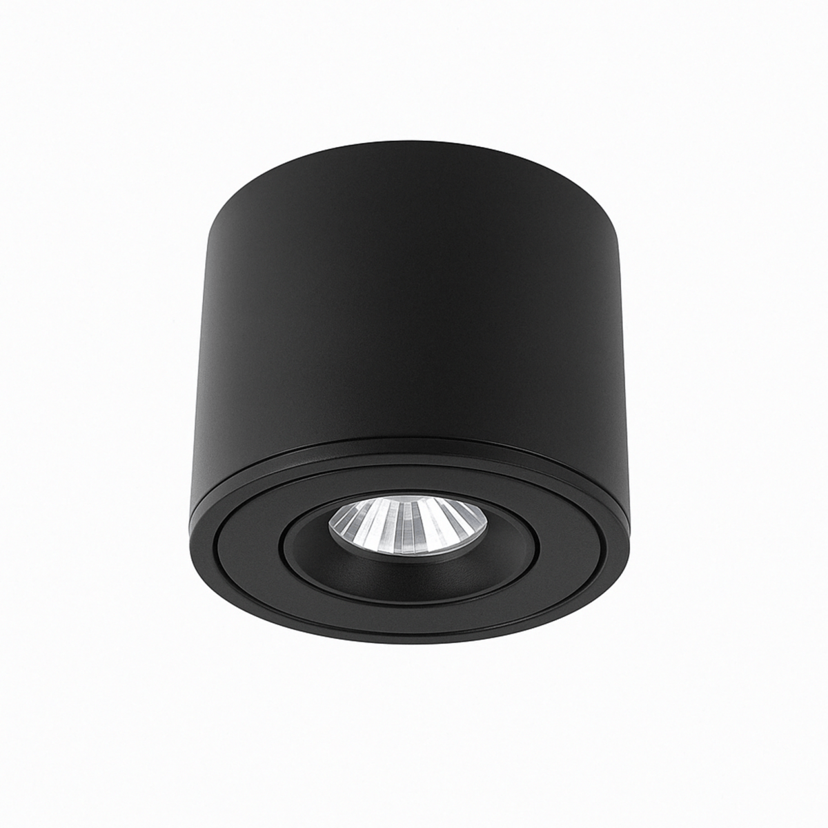 Black cylindrical ceiling light fixture on a white background