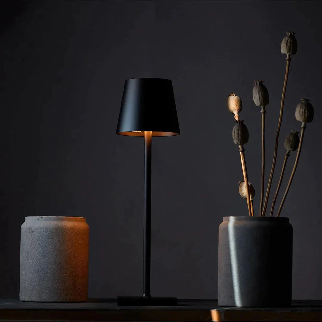 Black lamp and gray vase with dried plants on a dark background