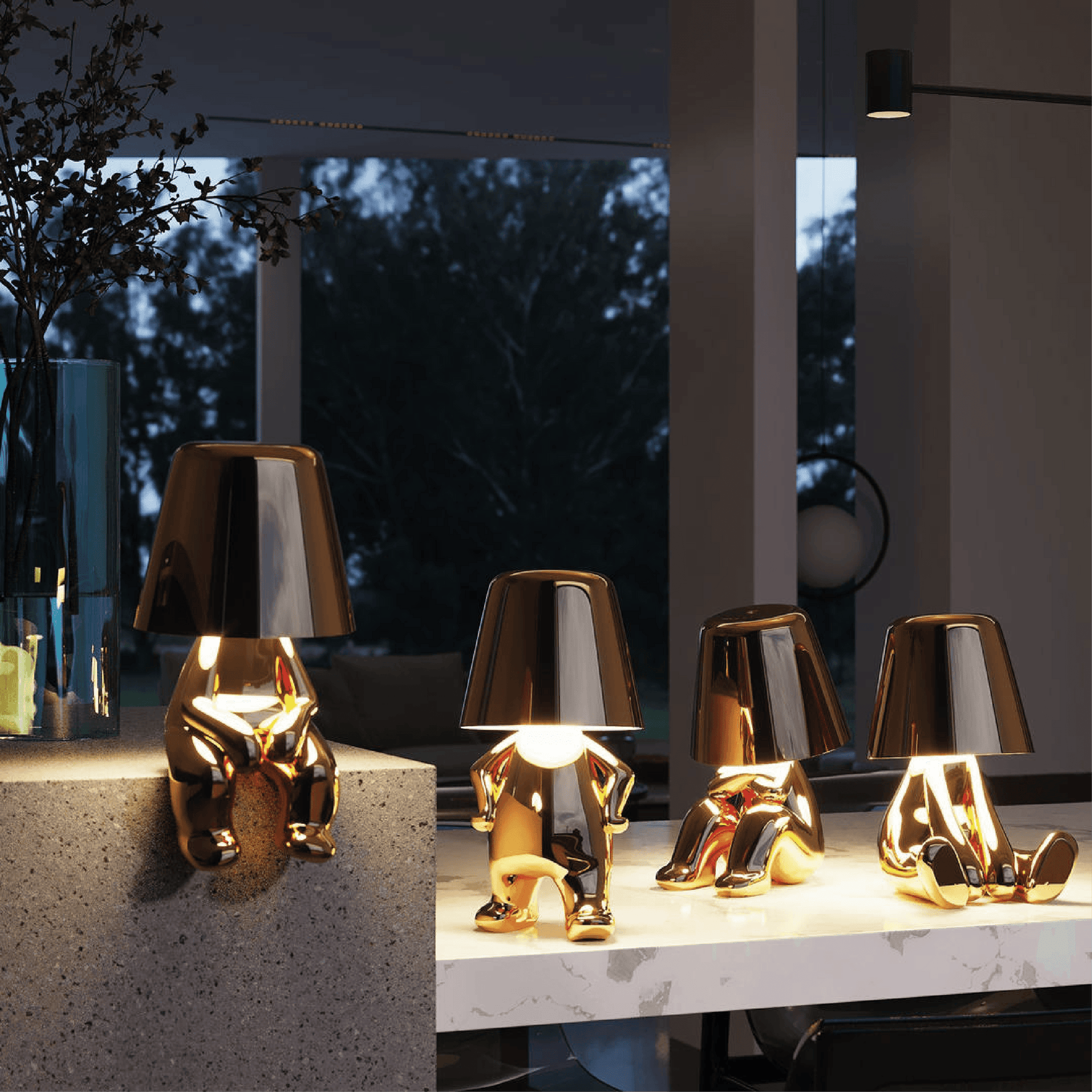 Set of gold decorative lamps on a modern interior setting