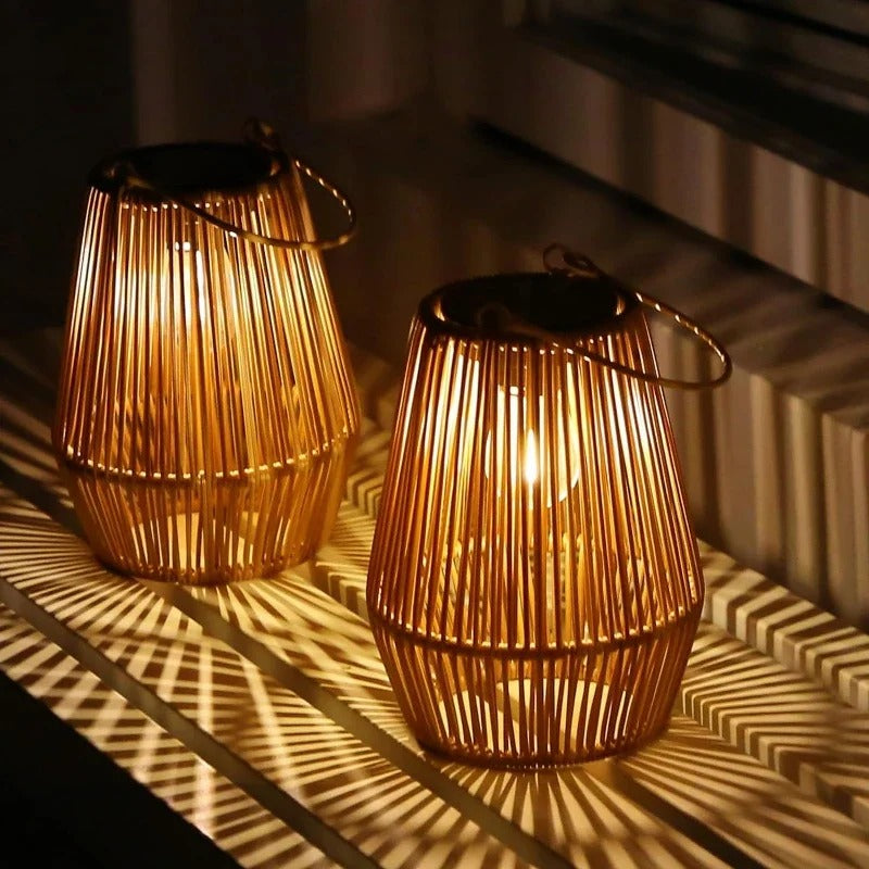 Two woven lanterns casting shadows on a textured surface.