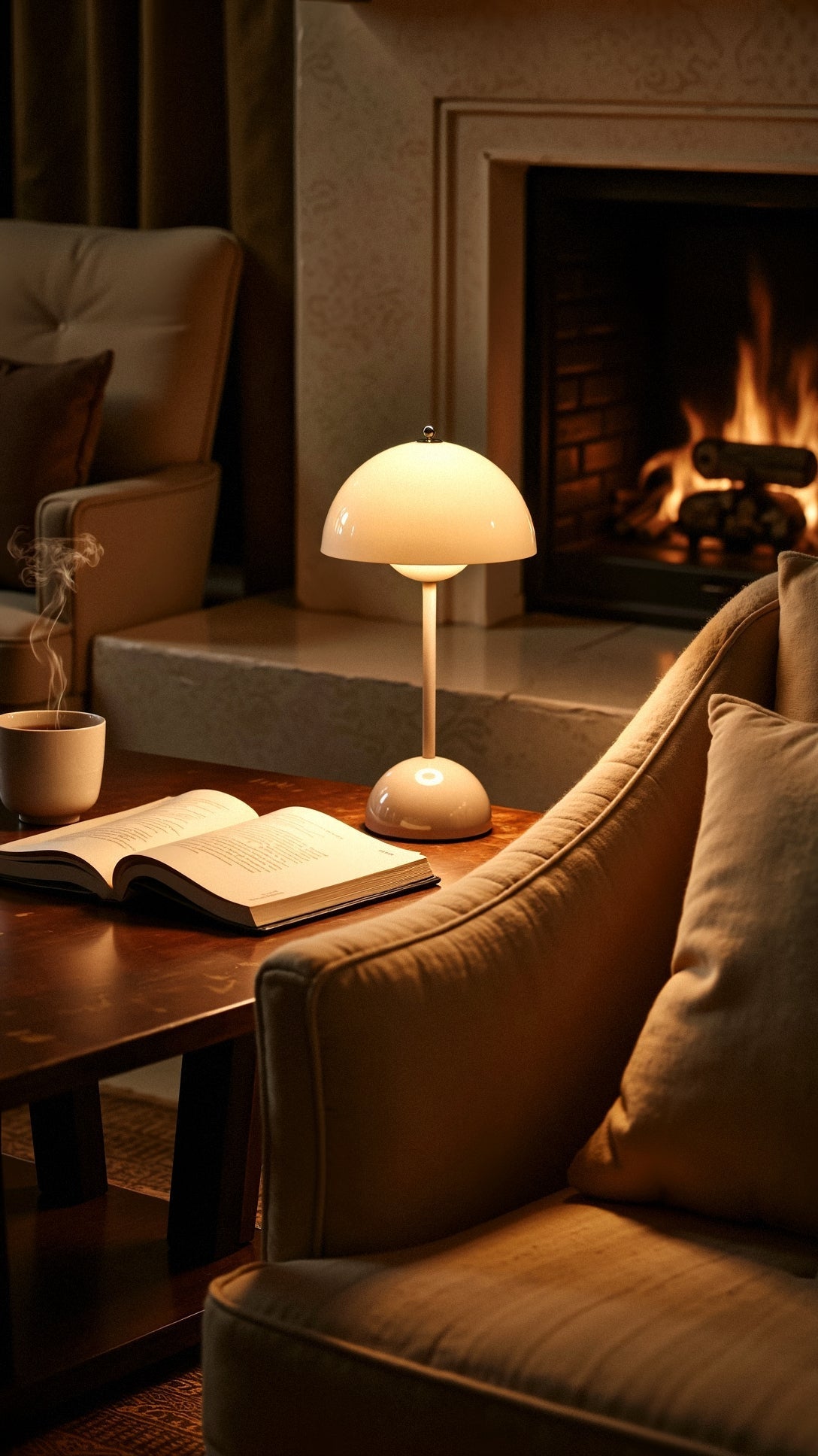 Modern beige dome table lamp glowing on coffee table in cozy living room.