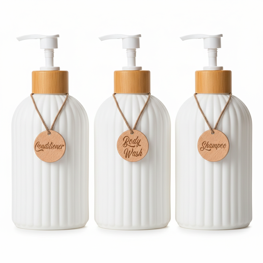 Three white ceramic bottles with wooden pumps and labels on a white background