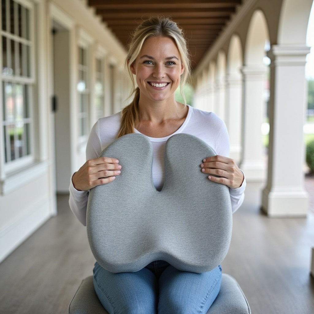 Woman holding a gray seat cushion on a porch