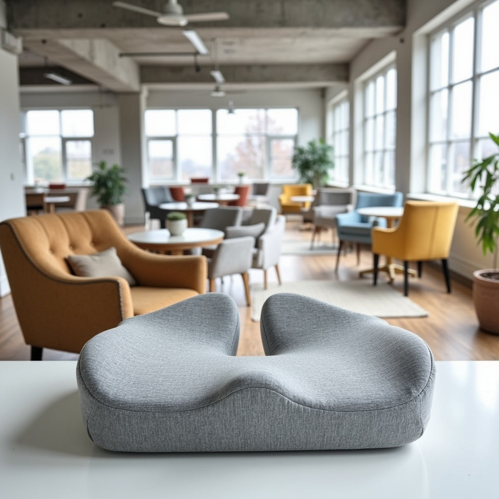Gray W-shaped pillow on a white surface with a blurred office background