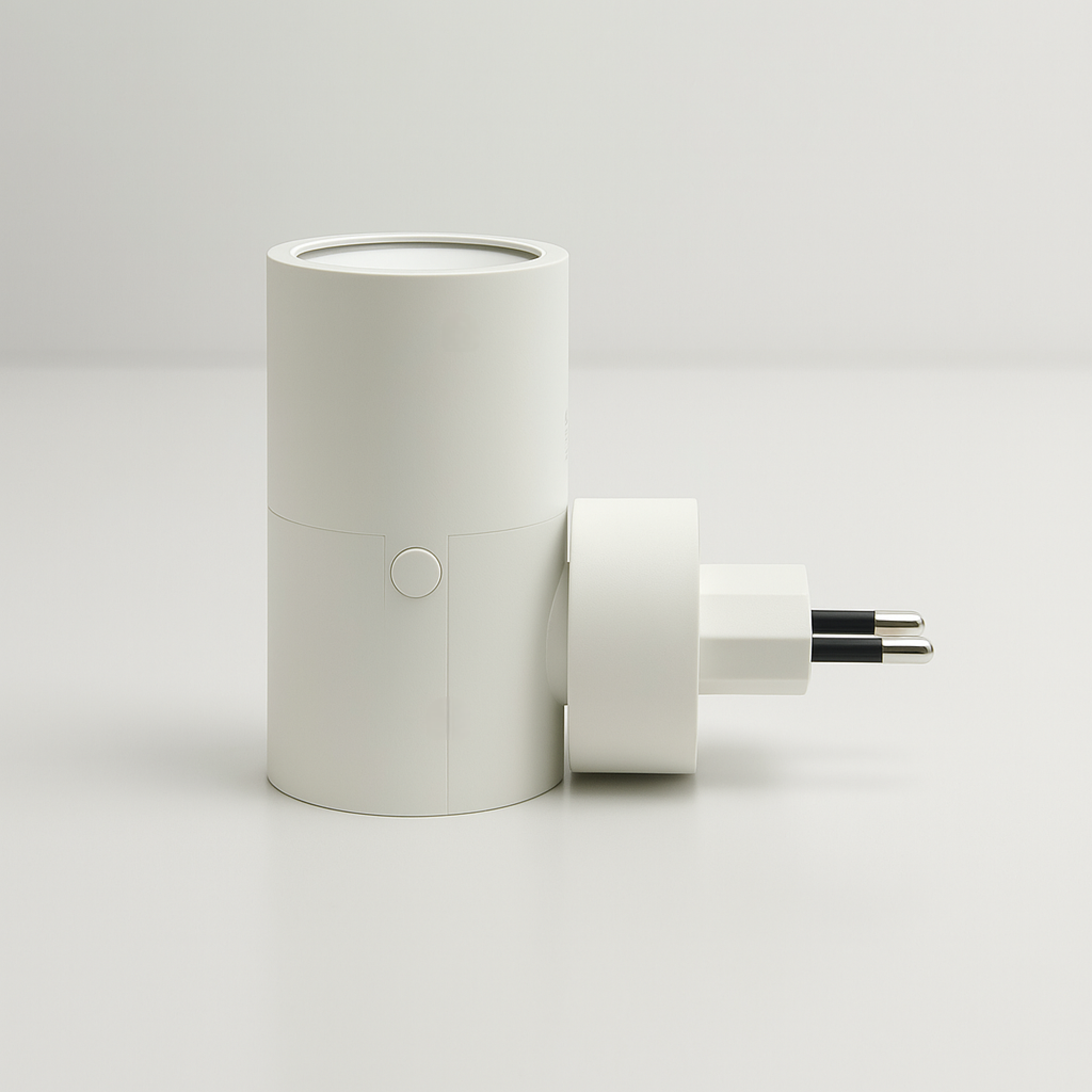 White cylindrical device with a plug on a light gray background