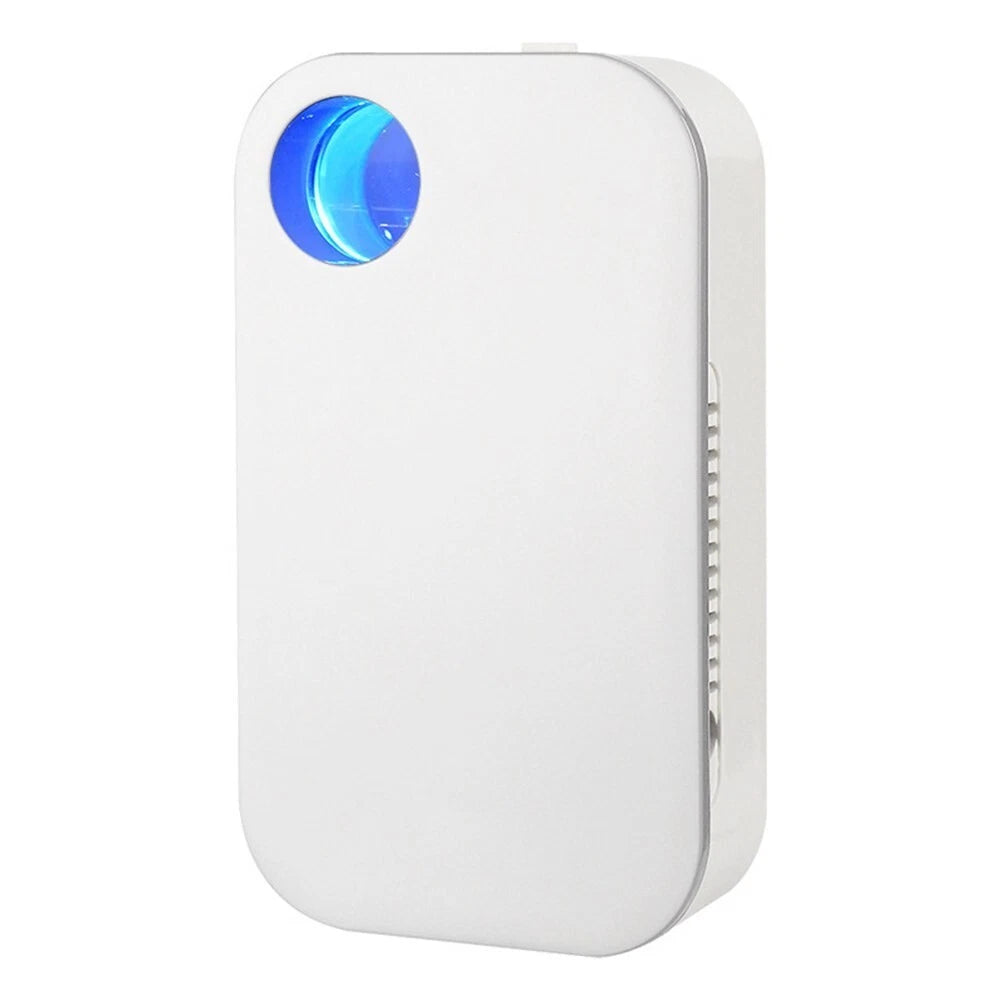 White electronic device with a blue light on a white background