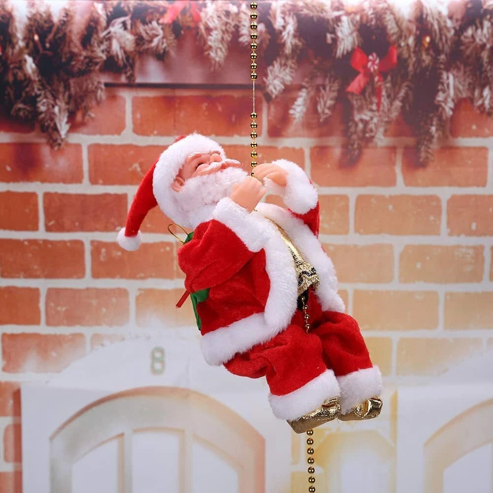 Santa Claus toy hanging from a string with a festive background