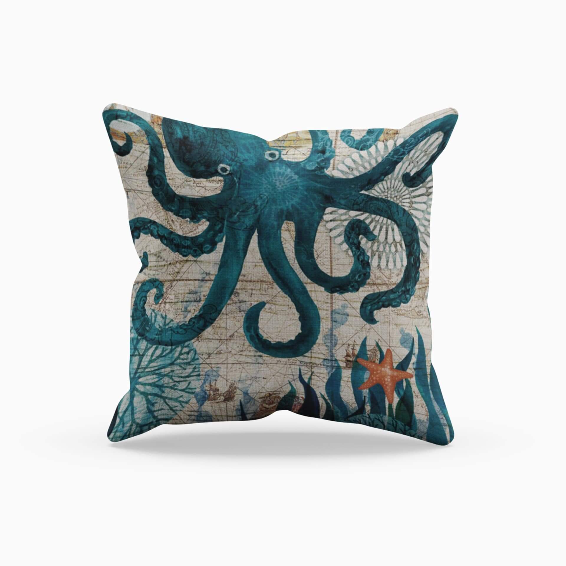 Decorative pillow with an octopus design on a white background