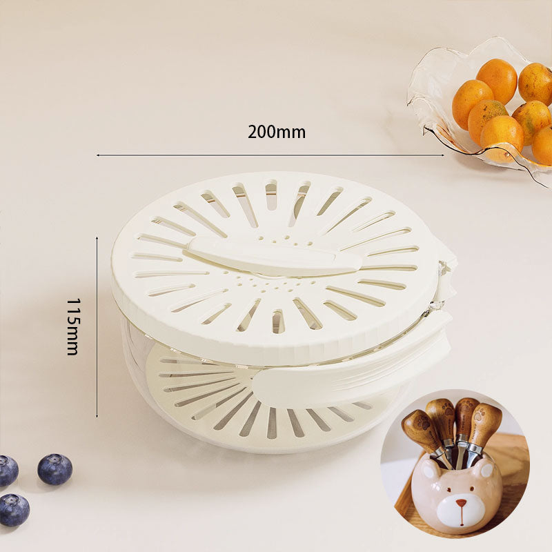 White kitchen strainer with measurements on a light background