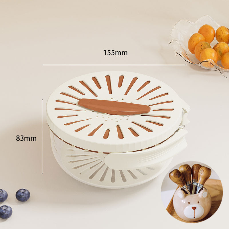 White kitchen tool with brown accents and measurements on a light background