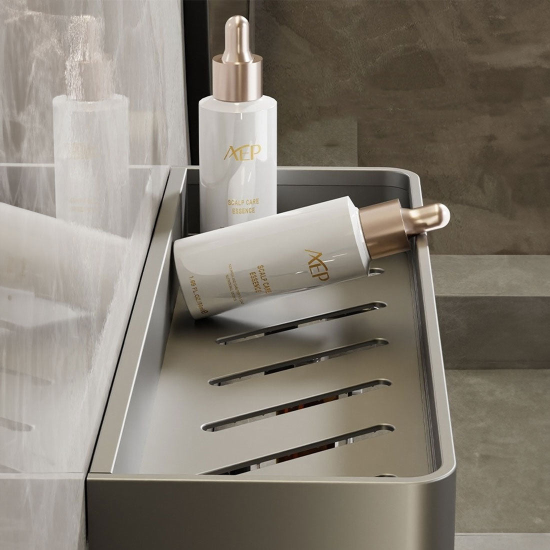 Cosmetic products on a tray with a marble background