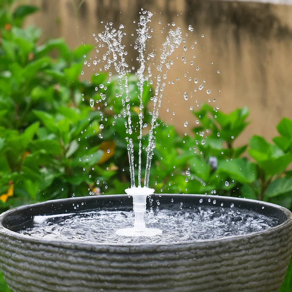 Small water fountain in a pot with greenery in the background