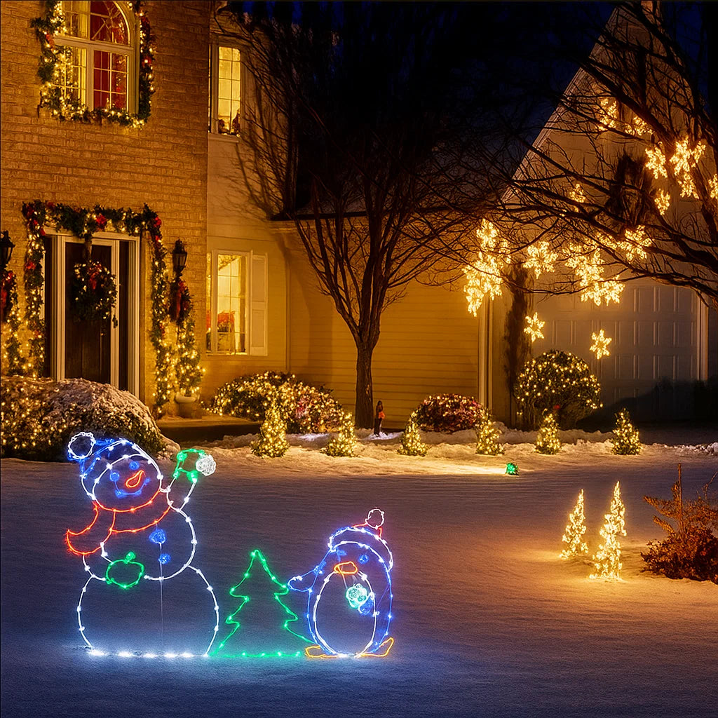 Decorative Christmas lights on a house exterior with a snowman, penguin, and tree figure.