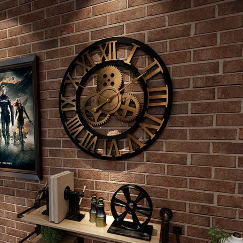 Decorative wall clock with gear design on a brick wall