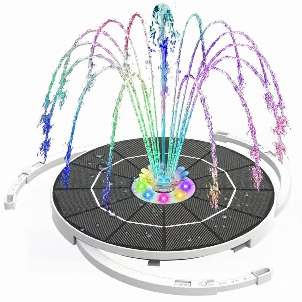 Colorful water fountain with LED lights on a white background