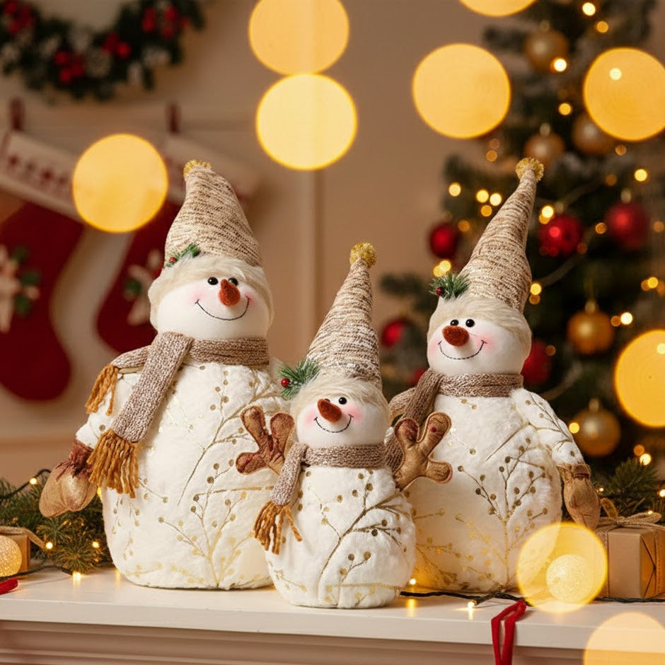 Three decorative snowmen with scarves and hats on a Christmas-themed background with lights and stockings.