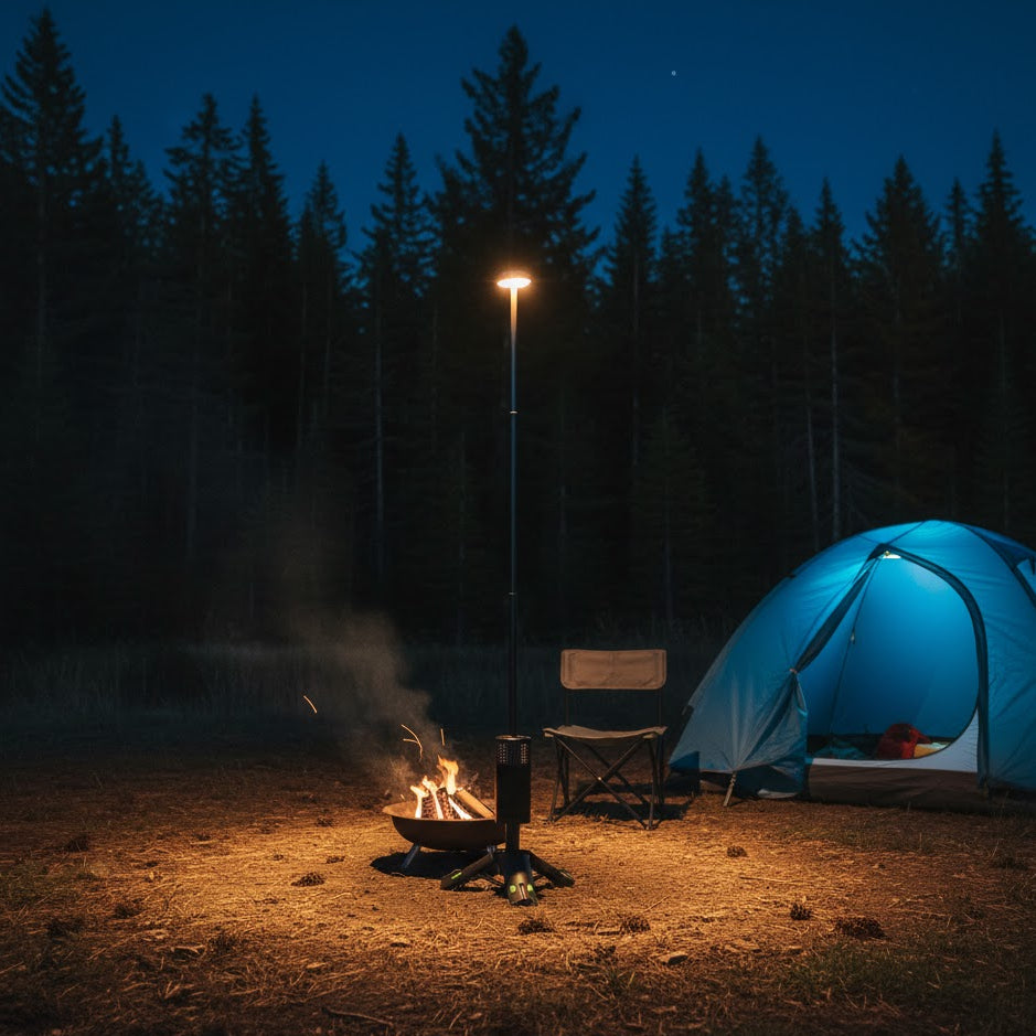 Camping scene with a fire pit and blue tent in a forest at night.