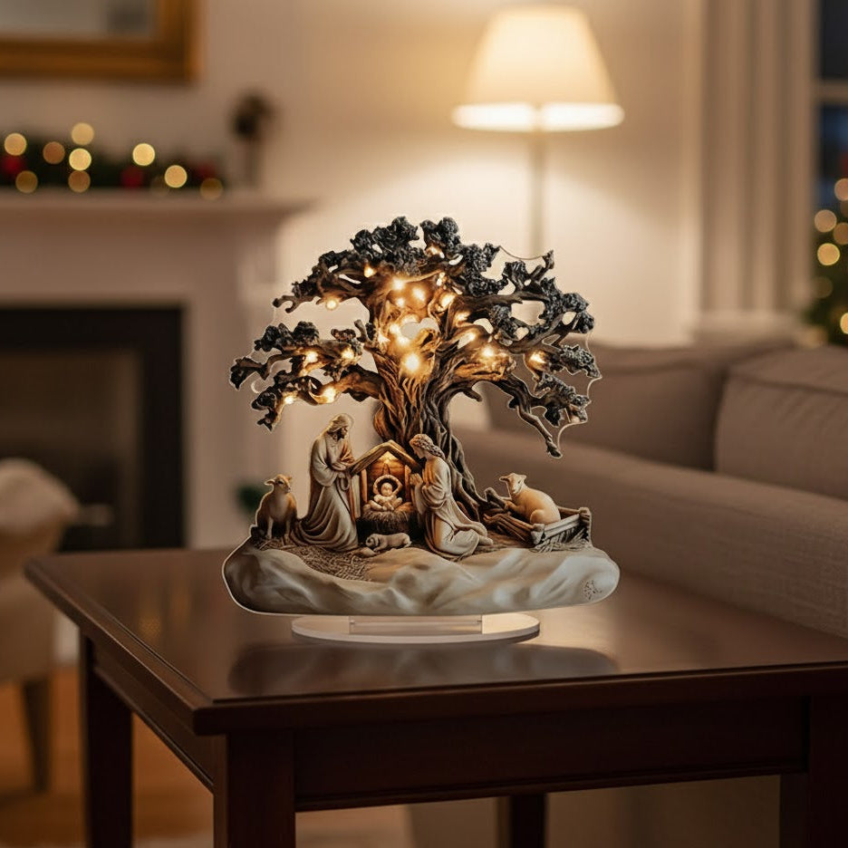 Decorative nativity scene with a tree on a table in a cozy living room.