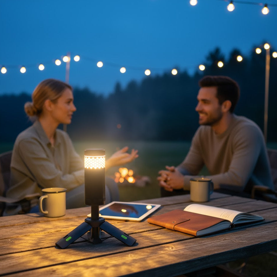 Two people sitting at a table outdoors with a portable lamp, tablet, and notebook.