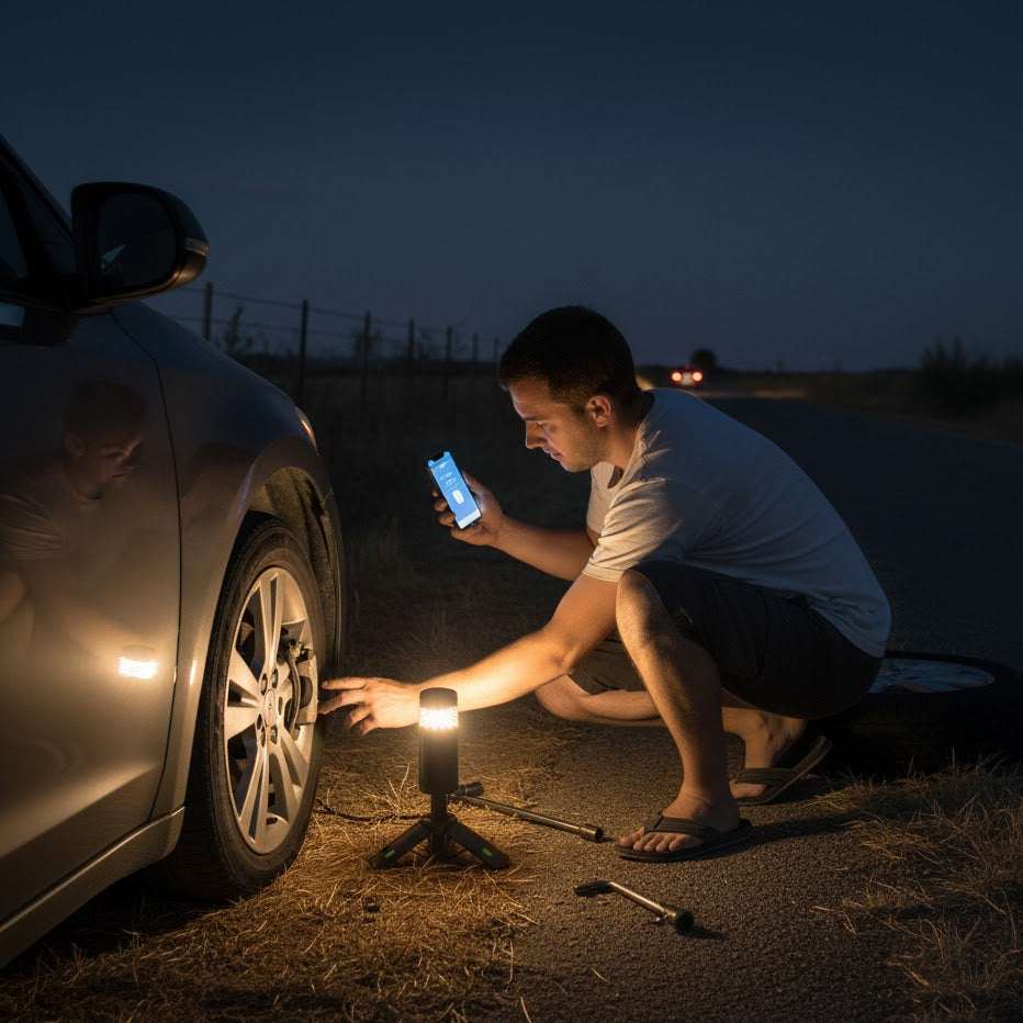 Man changing a tire on a car at night using a smartphone for instructions.