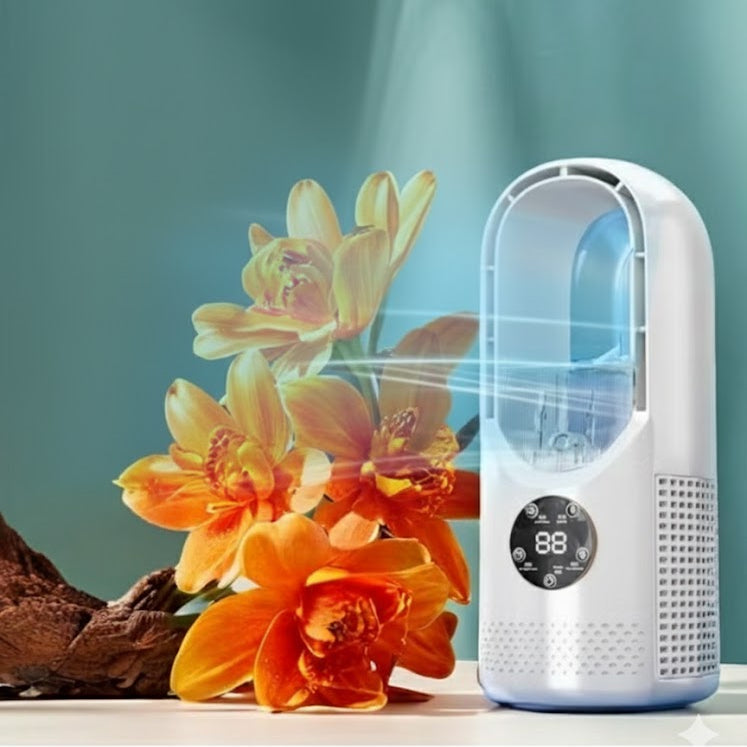 White air purifier with digital display next to orange flowers on a teal background