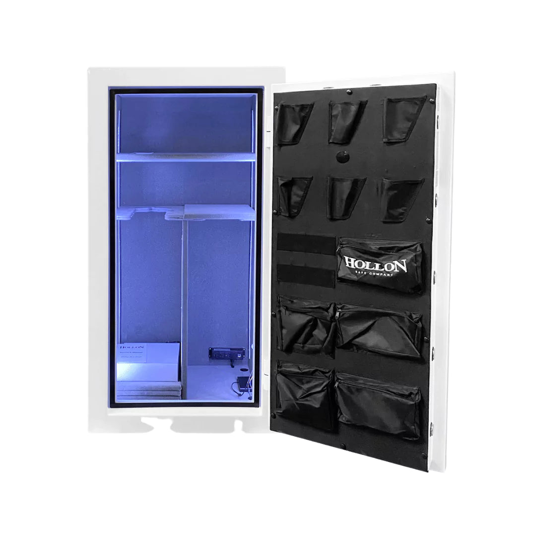 Hollon RG-22E WHITE Republic Gun Safe with the door open and interior illuminated