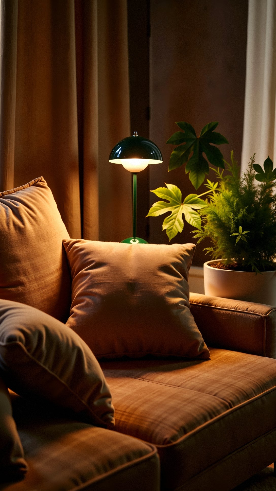 Cozy living room with brown sofa, lamp, and plants