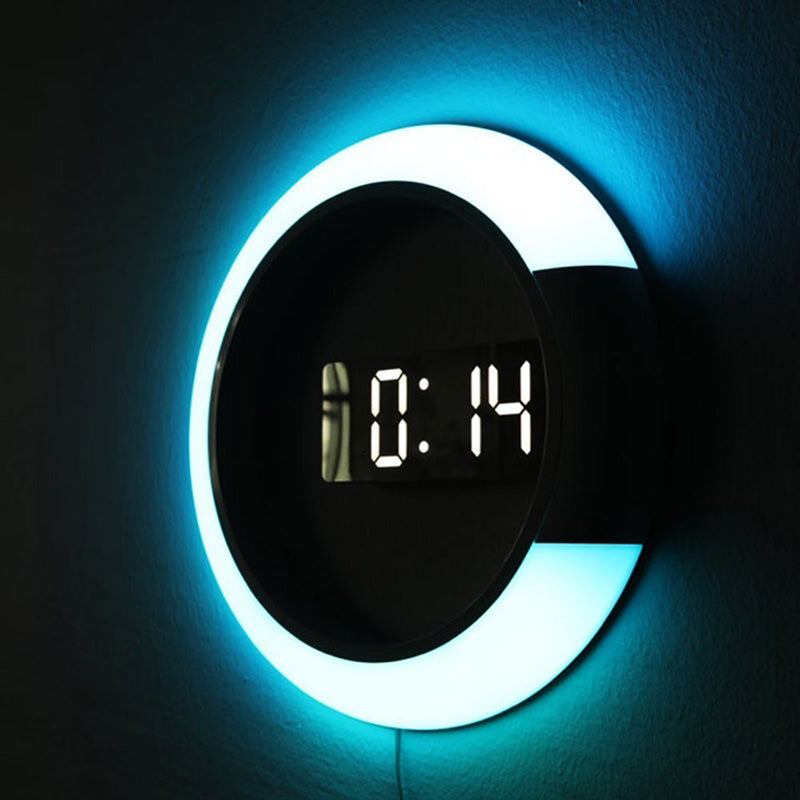 Modern wall clock with digital display and blue LED light ring